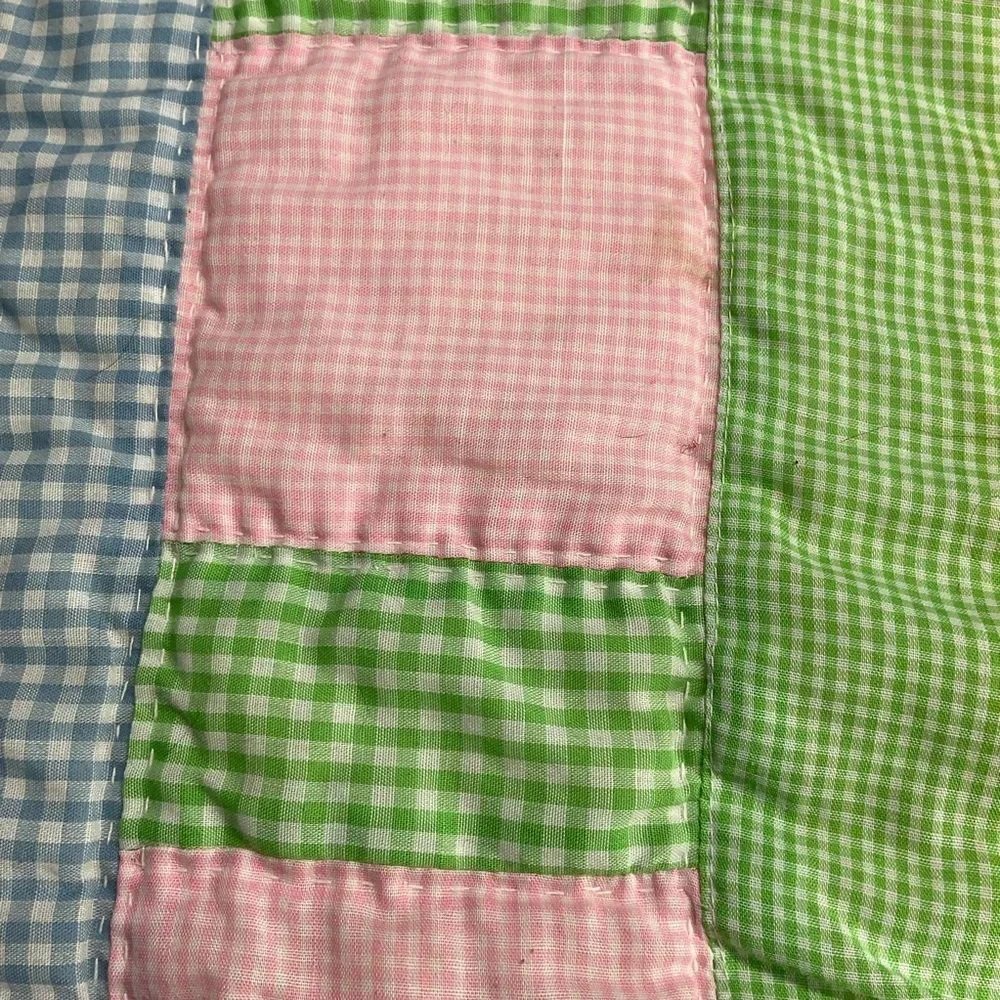 Handcrafted Pastel Gingham Print Block Design Quilted Baby Crib Blanket 38